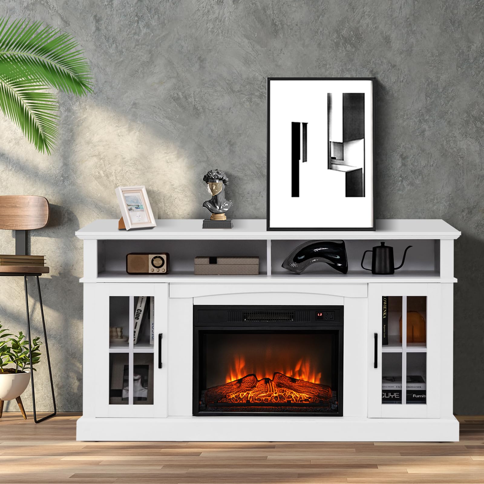 Costway Electric Fireplace Tv Stand For Tvs Up To 65 Inches, 1400W Heater Insert With Remote Control, 6H Timer, 3 Level Flame, Overheat Protection And Csa Certification, Adjustable Shelves, White